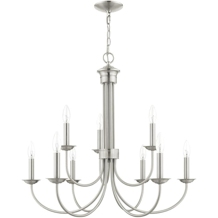 27" Nine Light Dimmable Chandelier With Shades - Nickel
