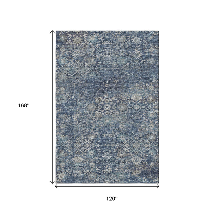 10' X 14' Floral Medallion Distressed Washable Area Rug With UV Protection (644222) - Blue / Gray