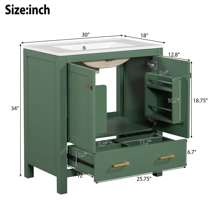 Giga bathroom vanity with single undermount sink, wood frame, two doors, drawer, soft-close, multifunctional storage.
