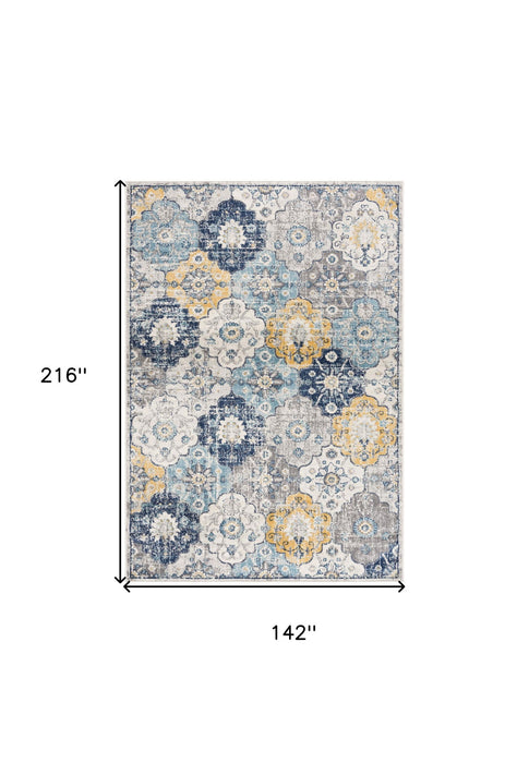 12' x 18' Floral Washable Non Skid Area Rug - Blue And Yellow