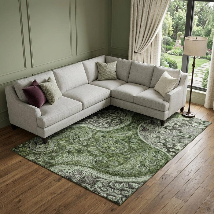 10' X 14' Paisley Washable Area Rug With UV Protection (683752) - Olive Green / Purple / Ivory