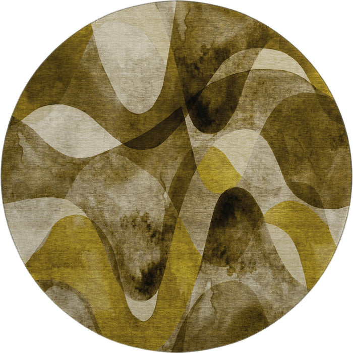 8' Abstract Washable Round Rug With UV Protection (648073) - Coffee / Gold / Ivory