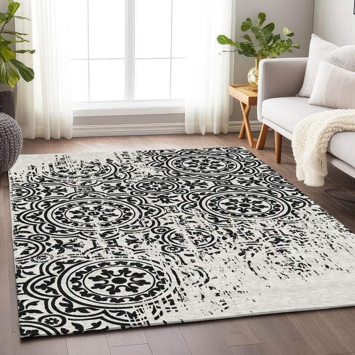 8' X 10' Medallion Washable Area Rug With UV Protection - Black And Ivory