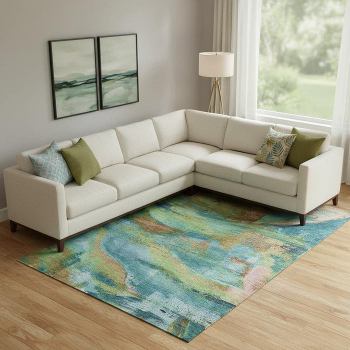 10' X 14' Abstract Washable Area Rug With UV Protection (715591) - Teal / Blush