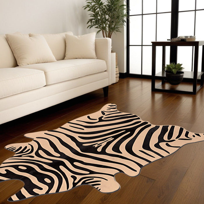 6' x 7' Zebra Print Genuine Cowhide Area Rug - Black And Tan