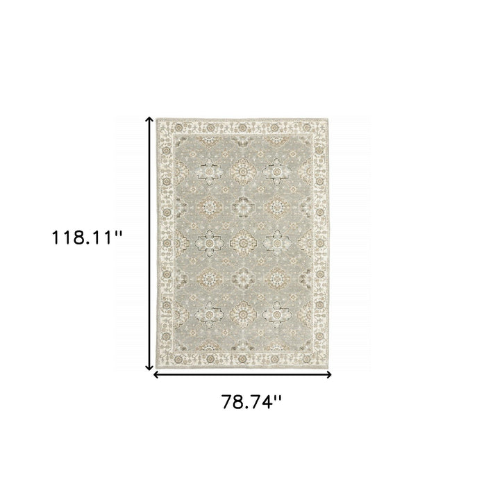 6.6' x 9.8' Oriental Power Loom Area Rug - Gray And Ivory