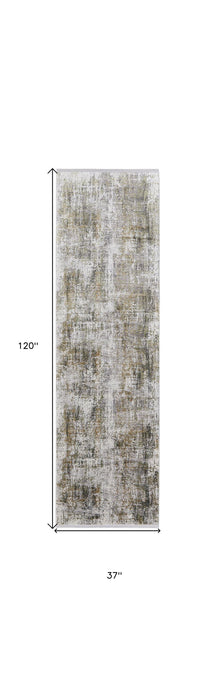10' Abstract Power Loom Runner Rug With Fringe - Gray And Ivory