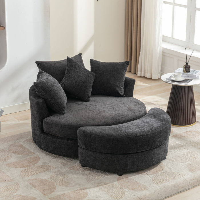 Giga 360° swivel accent barrel chair with matching storage ottoman and four decorative pillows, modern round living room seating