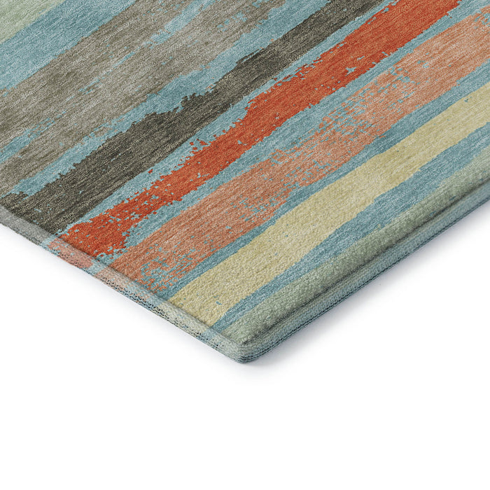 10' X 14' Striped Washable Area Rug With UV Protection (680055) - Sky Blue / Orange / Ivory