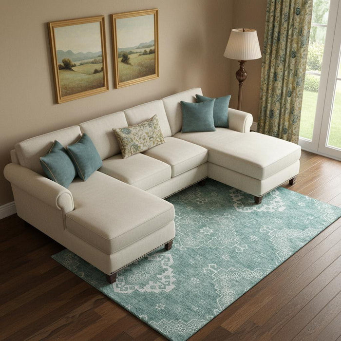 10' X 14' Medallion Washable Area Rug With UV Protection (667402) - Aqua / Ivory