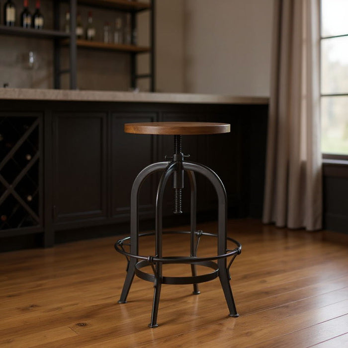 Solid Wood And Metal Backless Adjustable Height Swivel Bar Chair - Brown / Black