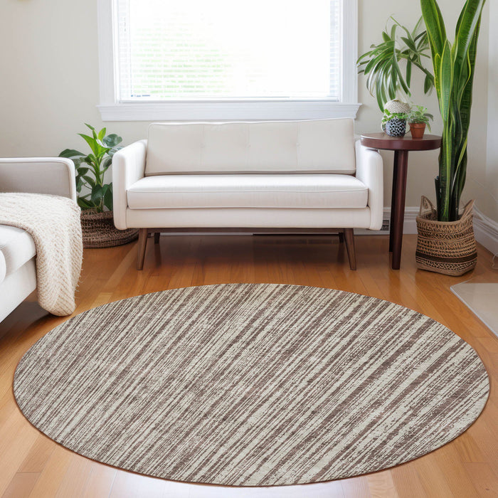8' Striped Washable Round Rug With UV Protection - Brown And Ivory