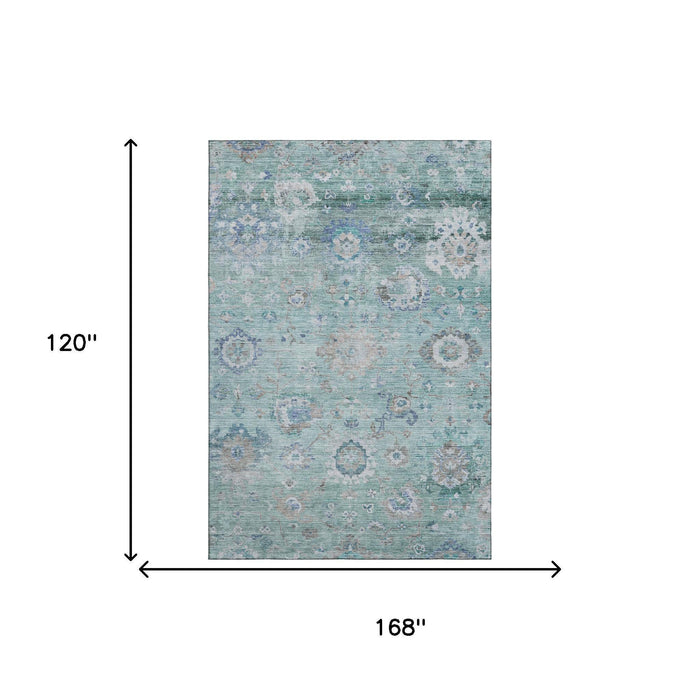10' X 14' Floral Washable Area Rug With UV Protection (684486) - Aqua / Beige / Taupe