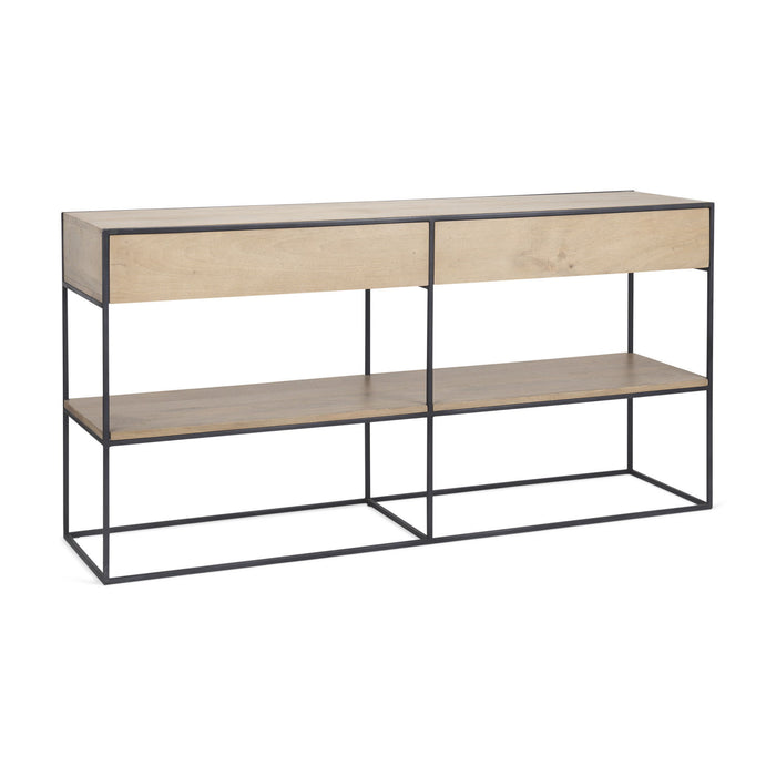 63" Solid Wood And Metal Frame Console Table With Shelf And With Two Drawers - Brown