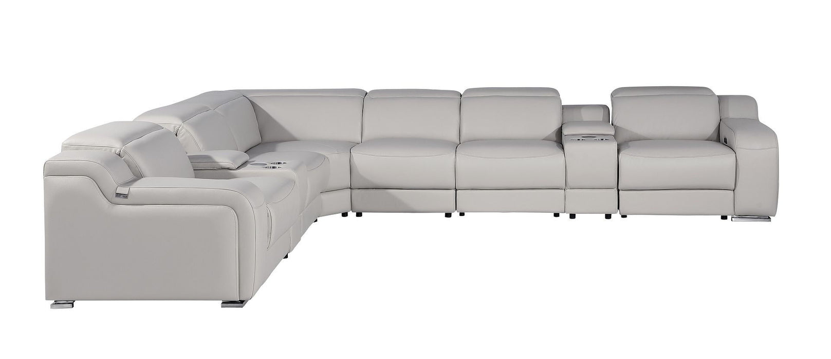 Italian Leather Power Reclining Curved 8 Piece Corner Sectional With Console - Light Gray