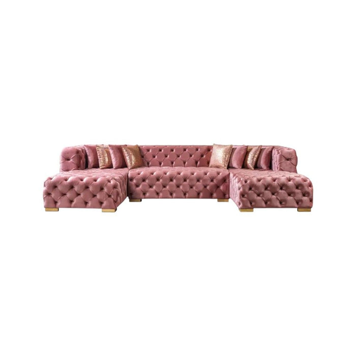 Tufted Velvet Modular U Shaped Sofa Chaise Sectional With Toss Pillows - Pink