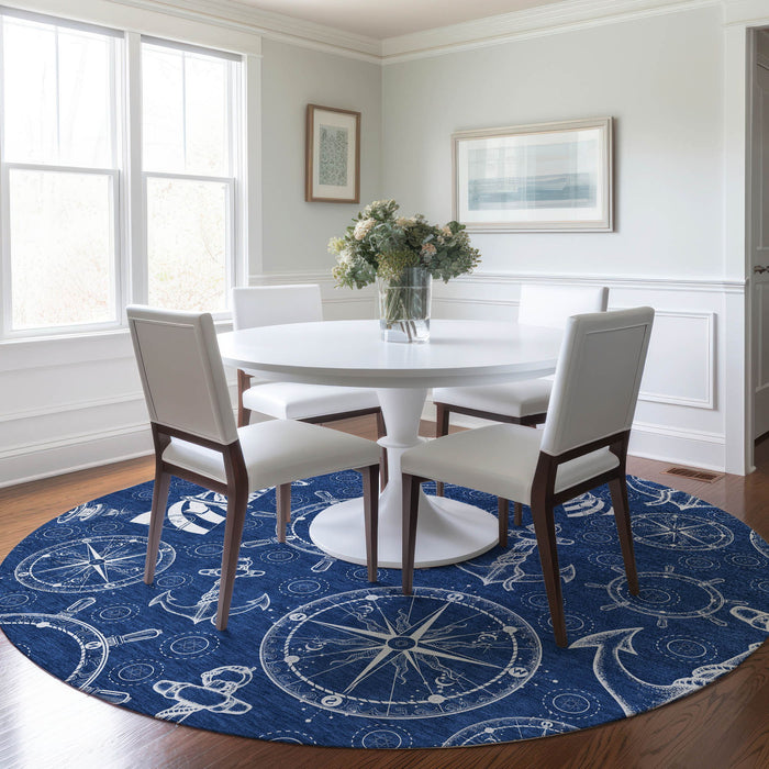 8' Nautical Washable Round Rug With UV Protection - Navy Blue And Ivory
