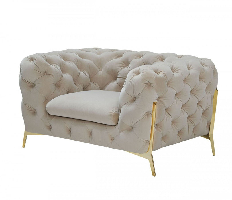 Velvet Solid Color Chesterfield Chair - Beige And Gold