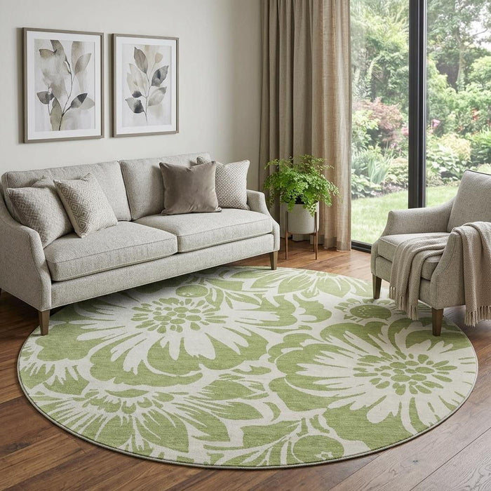 8' Floral Washable Round Rug With UV Protection (648613) - Fern Green / Ivory