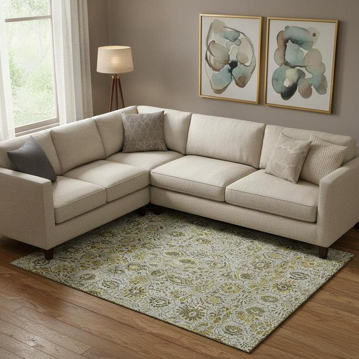 10' X 14' Floral Washable Area Rug With UV Protection (708673) - Pewter / Gold / Gray