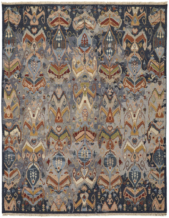 8' x 12' Wool Ikat Hand Knotted Area Rug With Fringe - Blue Gray And Brown
