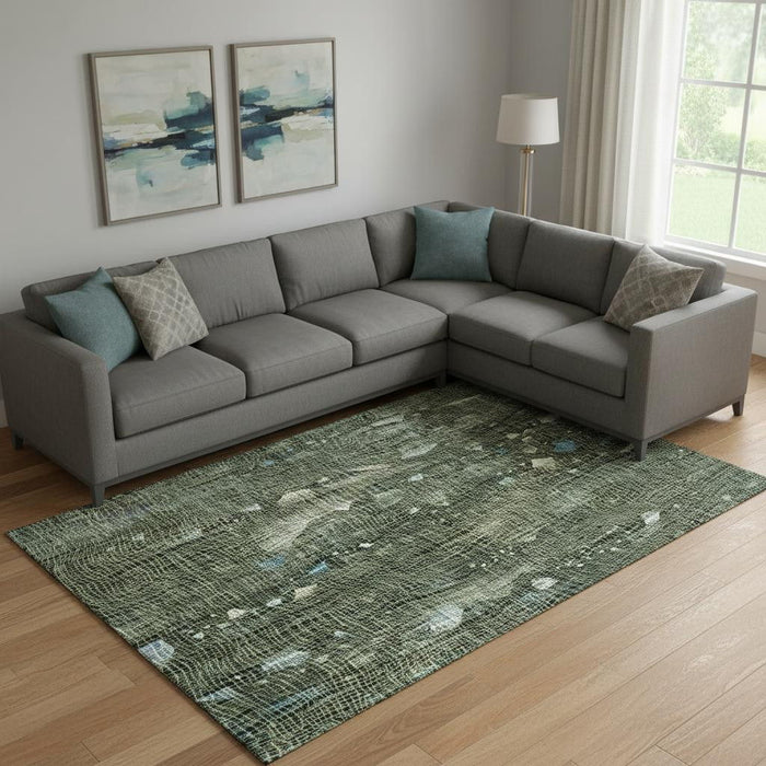 10' X 14' Abstract Washable Area Rug With UV Protection (717554) - Fern Green / Blue