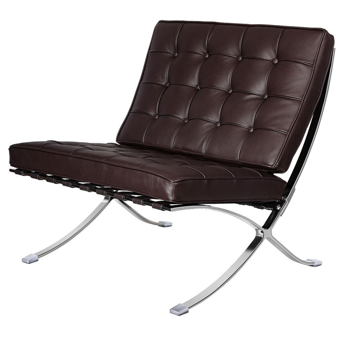 Tufted Genuine Leather Stainless Steel Folding Lounge Chair - Brown / Silver