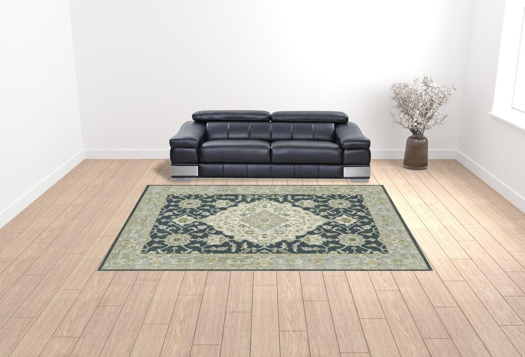 10' x 13' Oriental Power Loom Stain Resistant Area Rug - Teal Blue Ivory Green And Gray