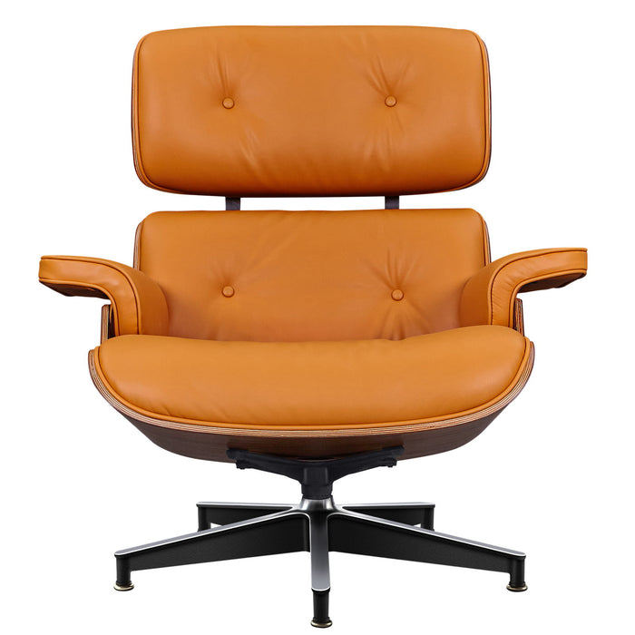 Light orange 28-inch modern tufted genuine leather lounge chair with matching ottoman by HomeRoots, showcasing plush cushioning and sleek design.