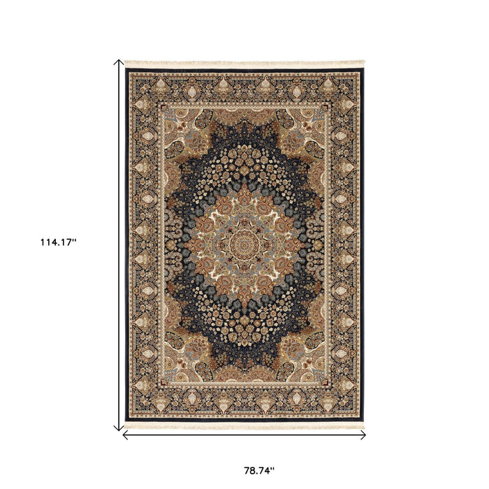 7' X 10' Medallion Area Rug With Fringe - Navy Blue