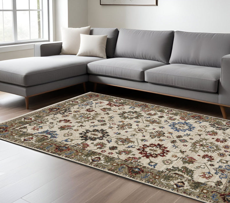 10' X 13' Oriental Area Rug With Fringe - Ivory And Green