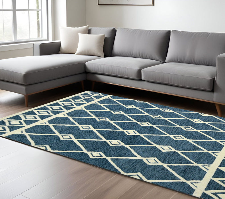 9' X 13' Wool Argyle Hand Hooked Area Rug - Blue And Ivory