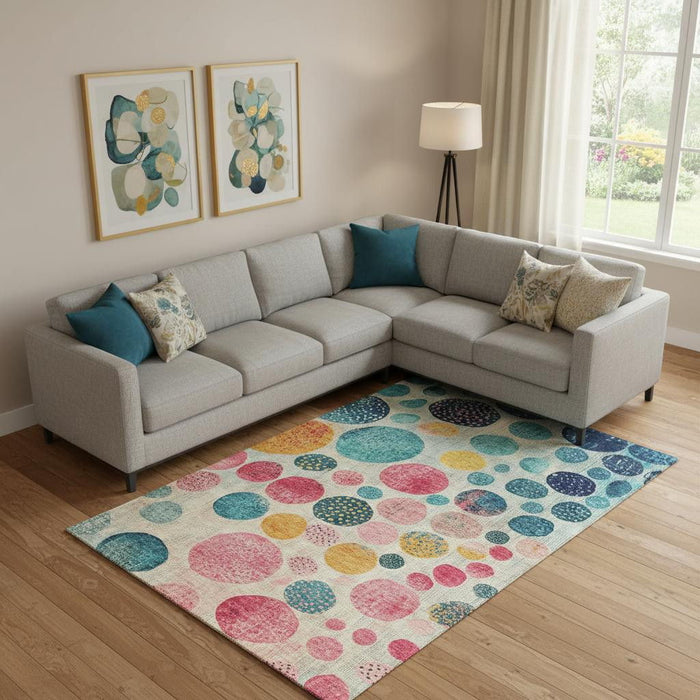 10' X 14' Geometric Washable Area Rug With UV Protection (707467) - Teal / Pink / Gold