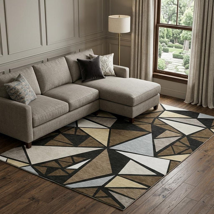 10' X 14' Geometric Washable Area Rug With UV Protection (681515) - Brown / Black / Ivory