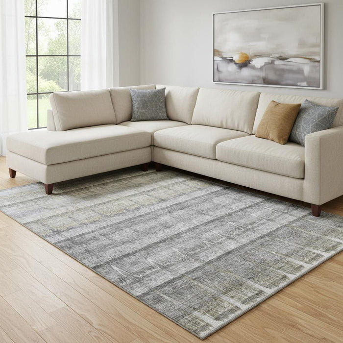 10' X 14' Striped Washable Area Rug With UV Protection (652863) - Gray / Ivory / Gold