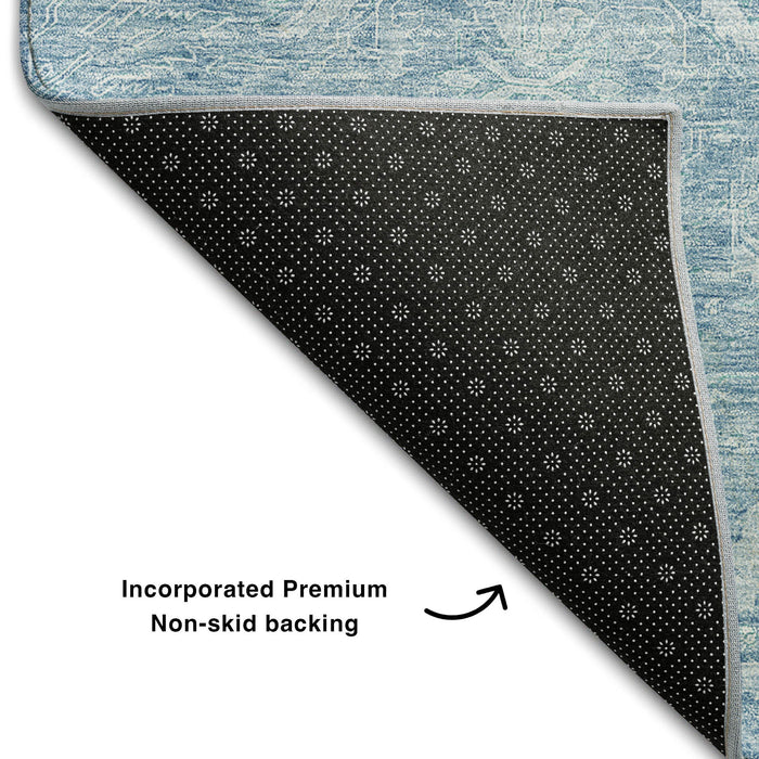 10' X 14' Damask Washable Area Rug With UV Protection (683926) - Sky Blue / Ivory