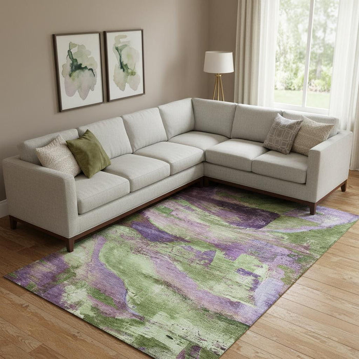 10' X 14' Abstract Washable Area Rug With UV Protection (715585) - Purple / Green