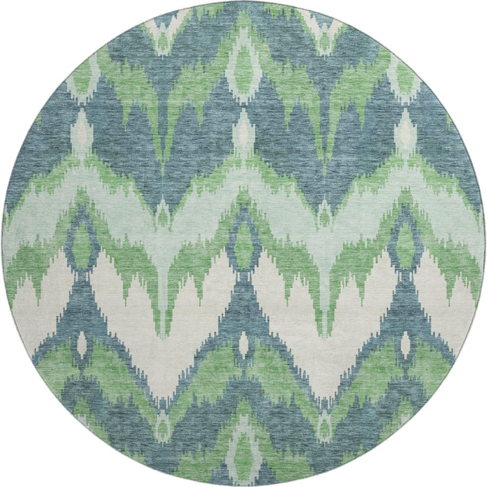 8' Ikat Washable Round Rug With UV Protection - Green And Ivory