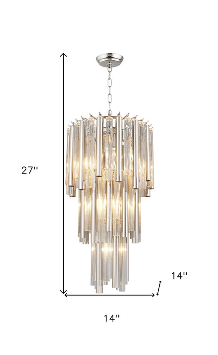 Silver metal chandelier with seven crystal glass shades, stylish statement lighting fixture by HomeRoots.