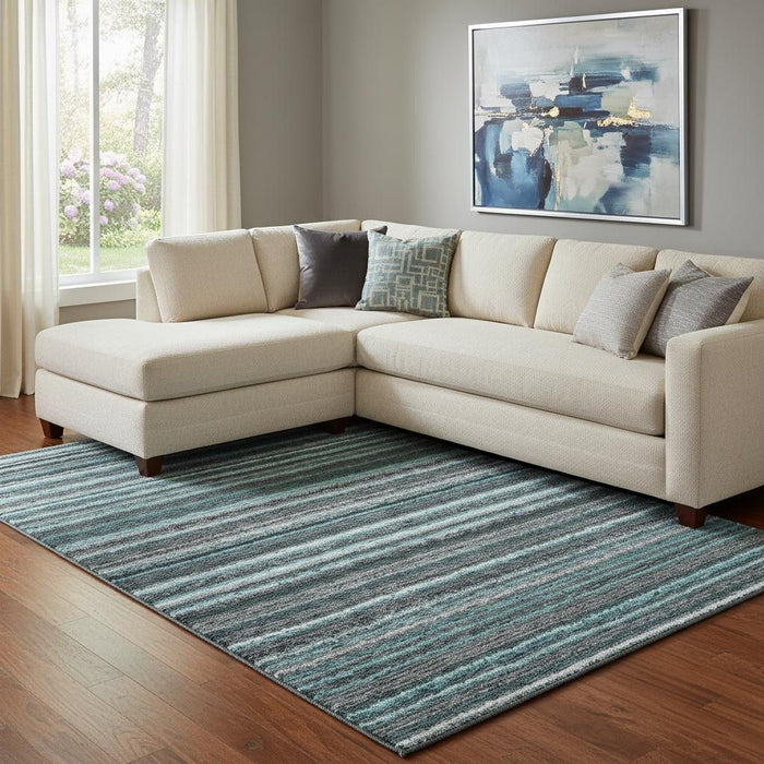 10' X 14' Striped Washable Area Rug With UV Protection (650830) - Teal / Gray