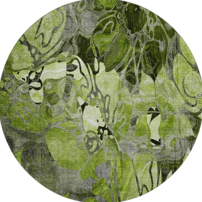 8' Abstract Distressed Washable Round Rug With UV Protection (648979) - Fern Green / Gray