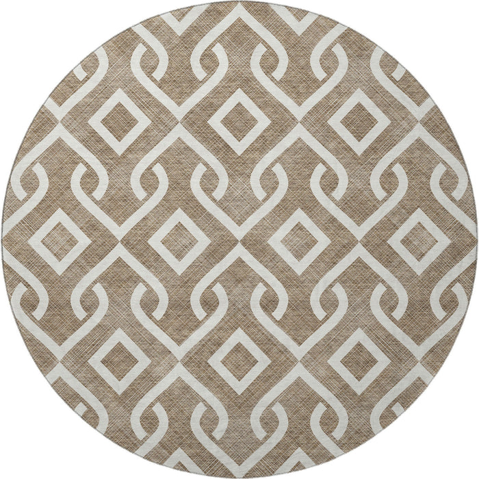 8' Geometric Washable Round Rug With UV Protection (652482) - Brown / Ivory