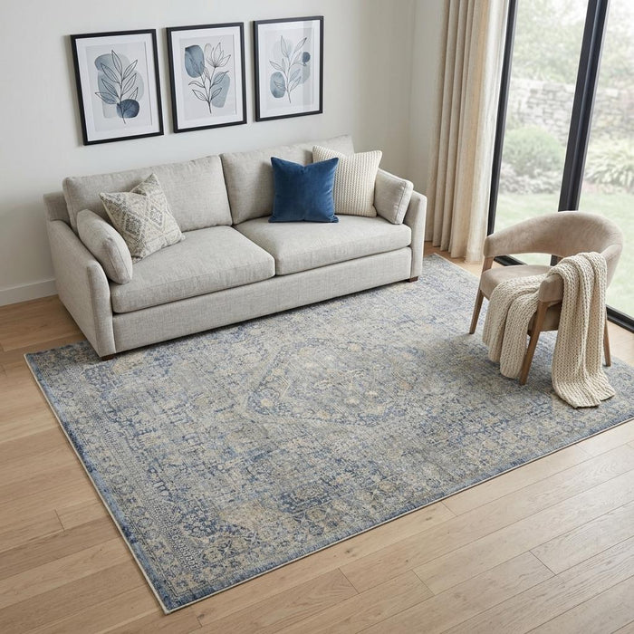 5' X 8' Floral Non Skid Area Rug With Fringe (550253) - Blue / Ivory