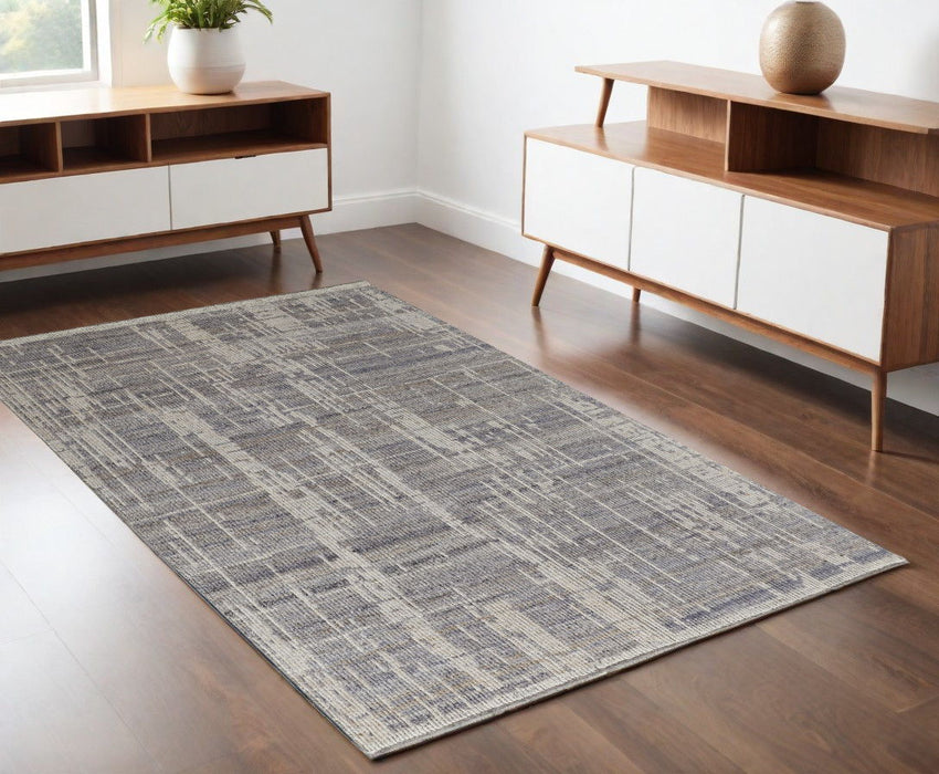 4' x 6' Wool Abstract Hand Knotted Worn Faded Area Rug - Gray And Ivory