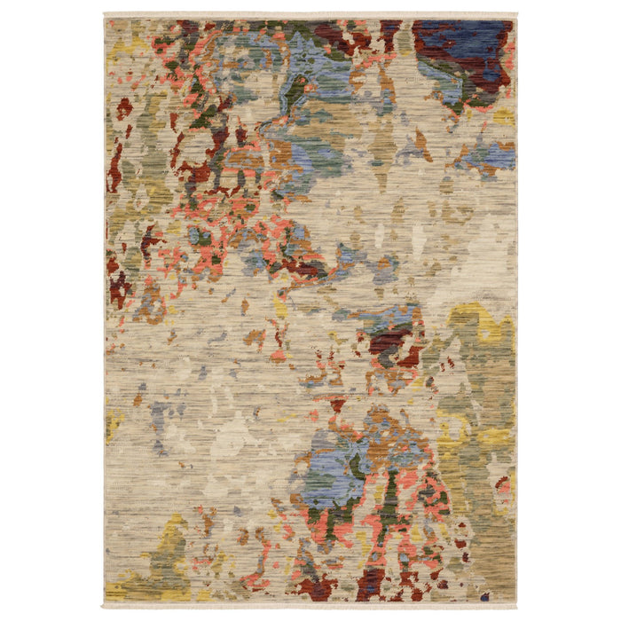 7' X 10' Abstract Area Rug With Fringe - Beige / Yellow