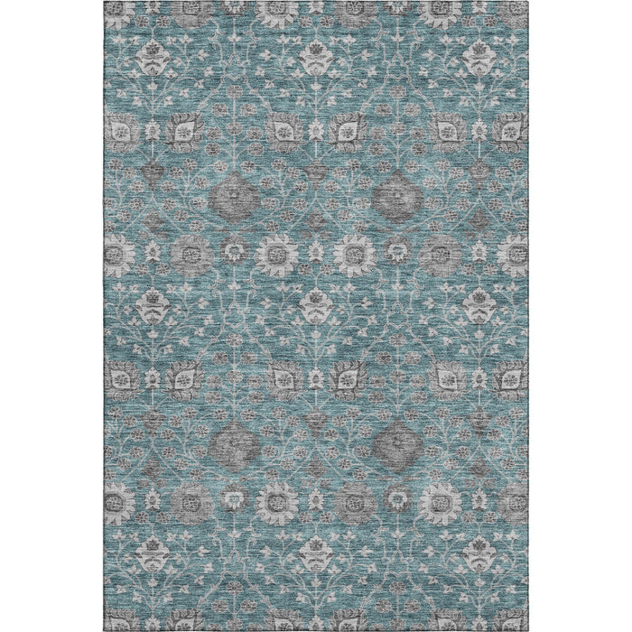 10' X 14' Floral Washable Area Rug With UV Protection (687023) - Teal / Gray / Silver