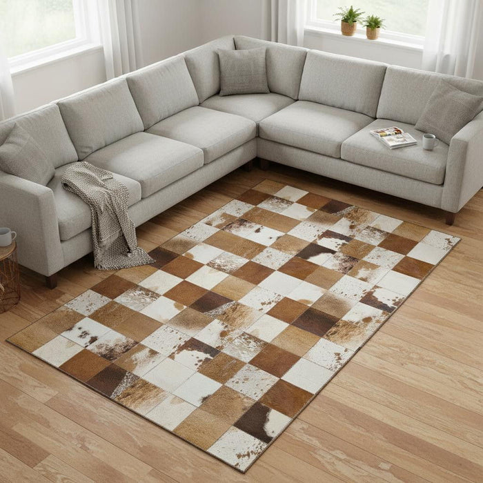 9' X 12' Patchwork Washable Area Rug With UV Protection (644729) - Brown / Ivory
