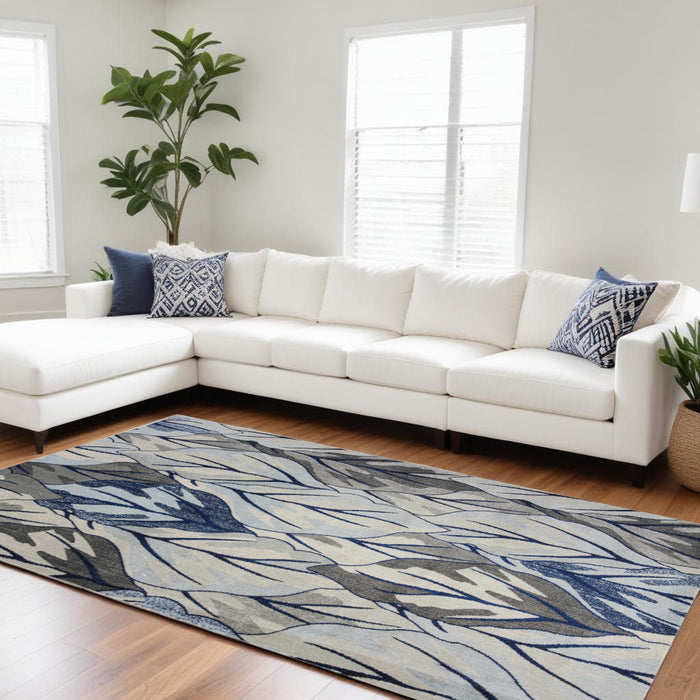 8' x 11' Machine Woven Oversized Leaves Indoor Area Rug - Gray Navy