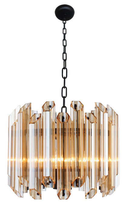 HomeRoots five-light metal chandelier with beveled glass shades and amber accents, elegant statement lighting fixture.