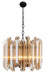 HomeRoots five-light metal chandelier with beveled glass shades and amber accents, elegant statement lighting fixture.